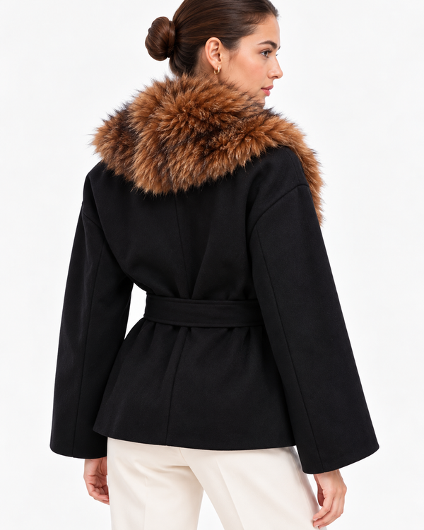 The St. Regis Black Wrap Jacket | Faux Fur Collar Coat