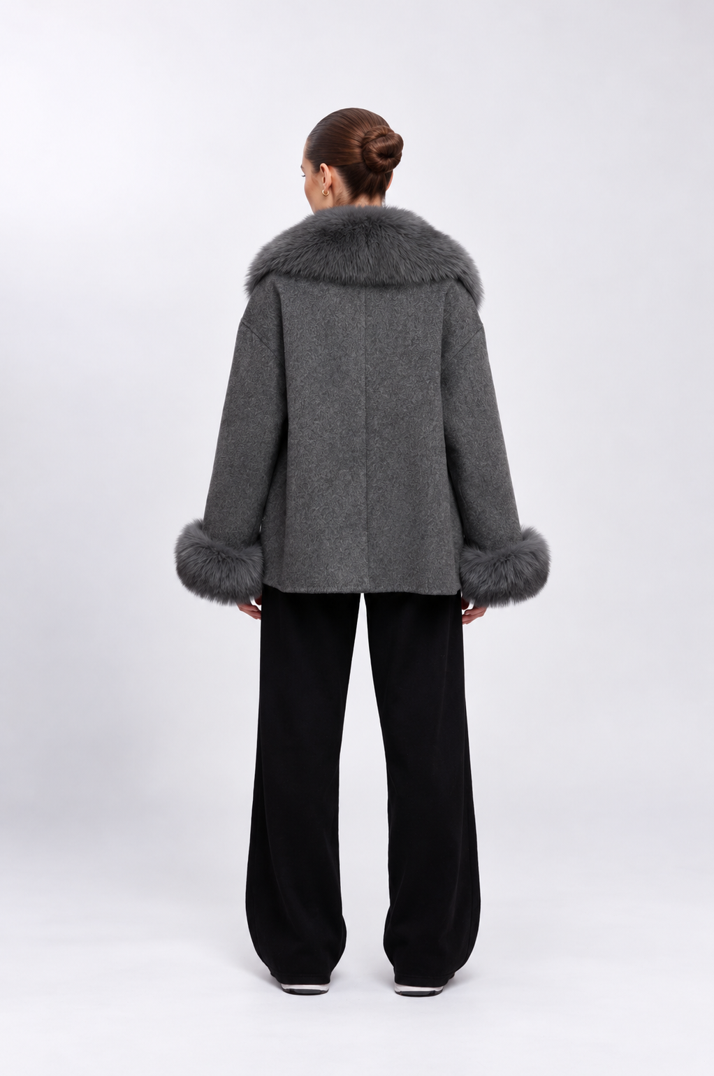 The Plaza Charcoal Short Coat | Faux Fur Collar & Cuffs