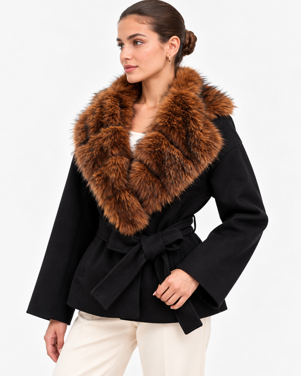 The St. Regis Black Wrap Jacket | Faux Fur Collar Coat