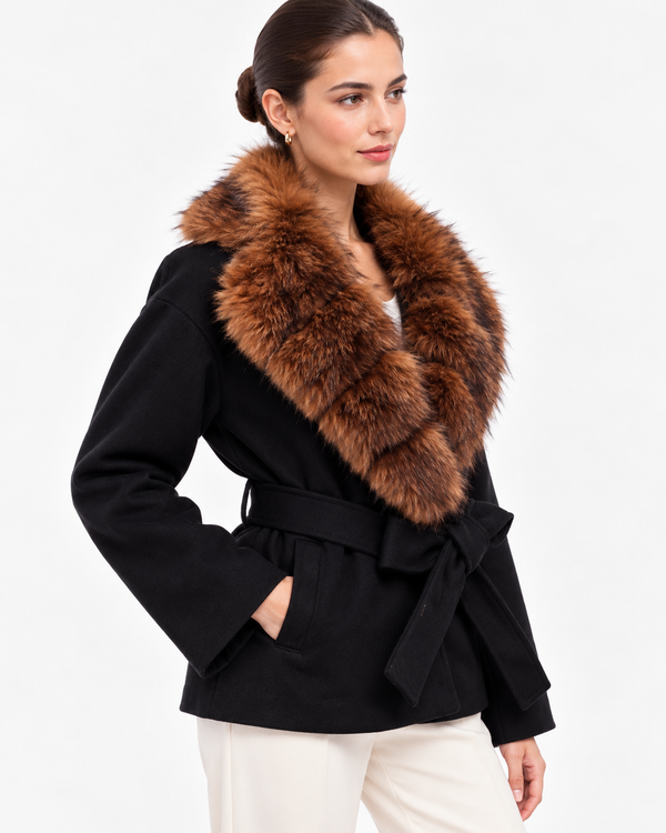 The St. Regis Black Wrap Jacket | Faux Fur Collar Coat