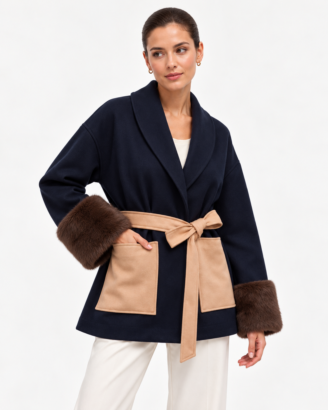 The Waldorf Navy Wrap Jacket | Faux Fur Cuff Coat