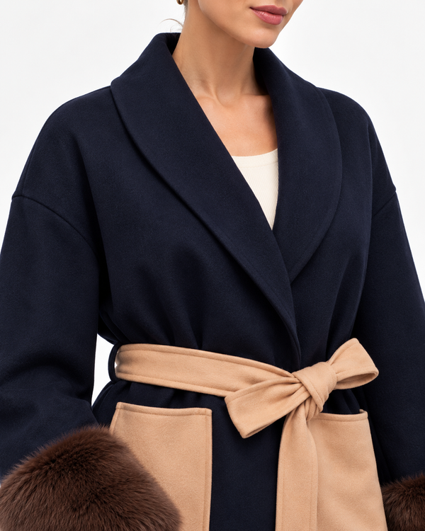 The Waldorf Navy Wrap Jacket | Faux Fur Cuff Coat