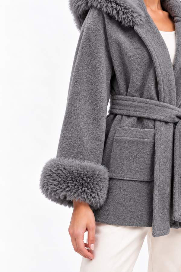 The Aspen Grey Hooded Wrap Coat | Faux Fur Trim