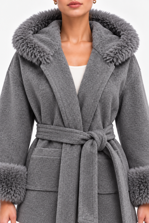 The Aspen Grey Hooded Wrap Coat | Faux Fur Trim