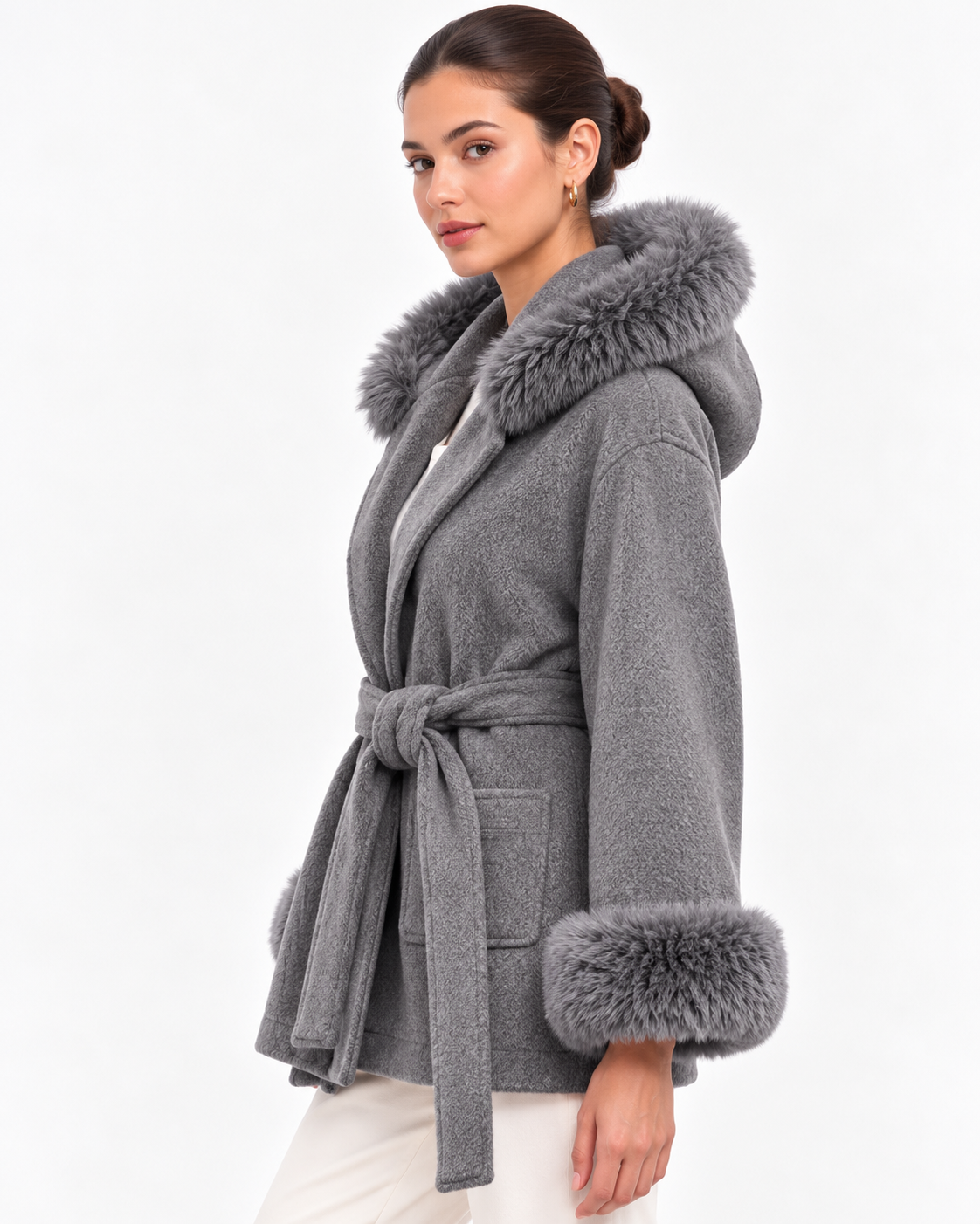 The Aspen Grey Hooded Wrap Coat | Faux Fur Trim