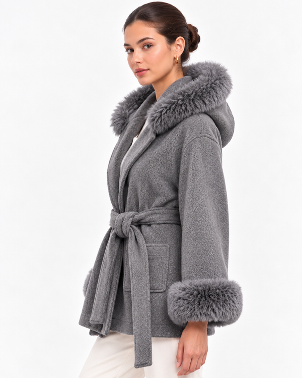 The Aspen Grey Hooded Wrap Coat | Faux Fur Trim