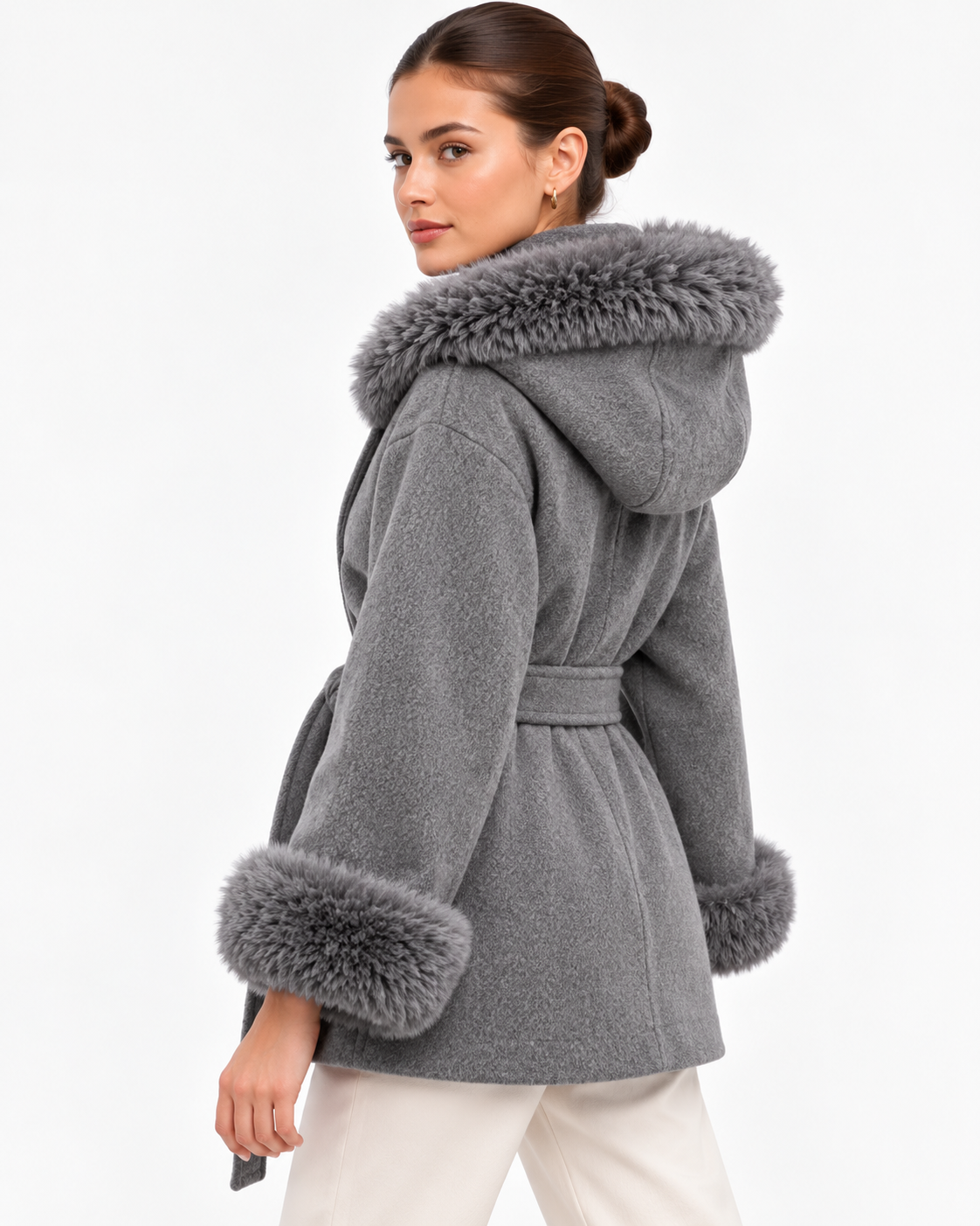 The Aspen Grey Hooded Wrap Coat | Faux Fur Trim
