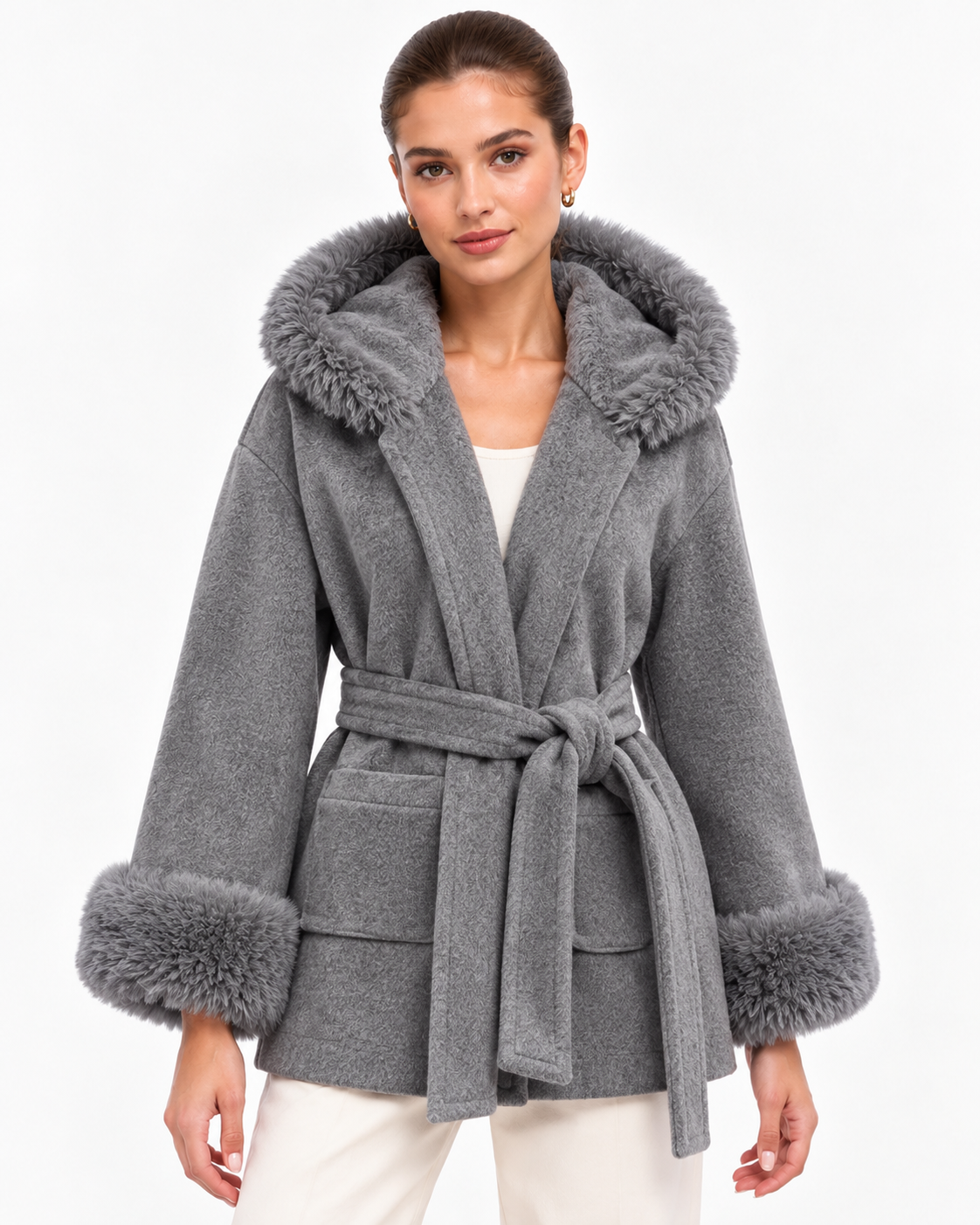 The Aspen Grey Hooded Wrap Coat | Faux Fur Trim