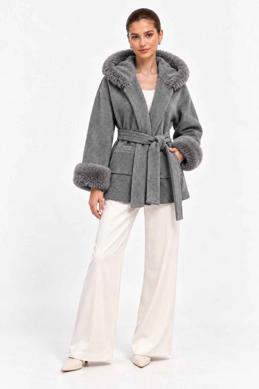 The Aspen Grey Hooded Wrap Coat | Faux Fur Trim
