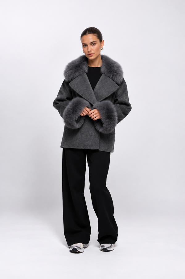 The Plaza Charcoal Short Coat | Faux Fur Collar & Cuffs