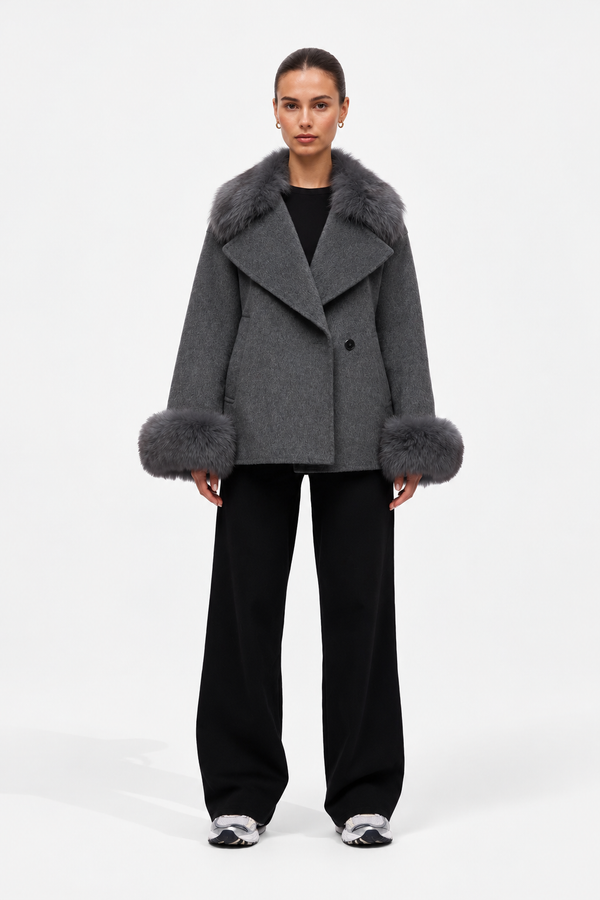 The Plaza Charcoal Short Coat | Faux Fur Collar & Cuffs