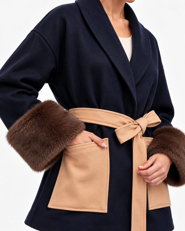 The Waldorf Navy Wrap Jacket | Faux Fur Cuff Coat
