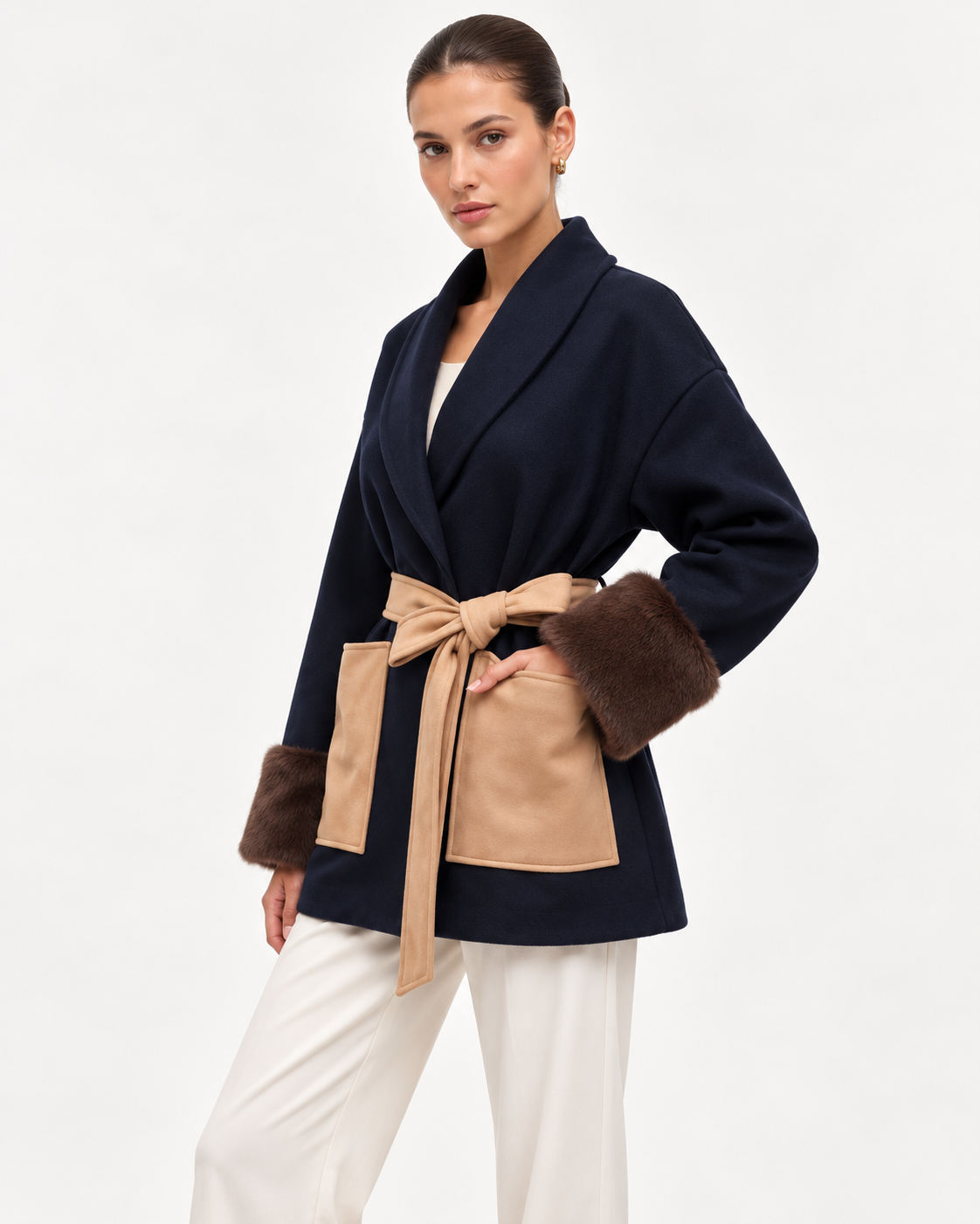 The Waldorf Navy Wrap Jacket | Faux Fur Cuff Coat
