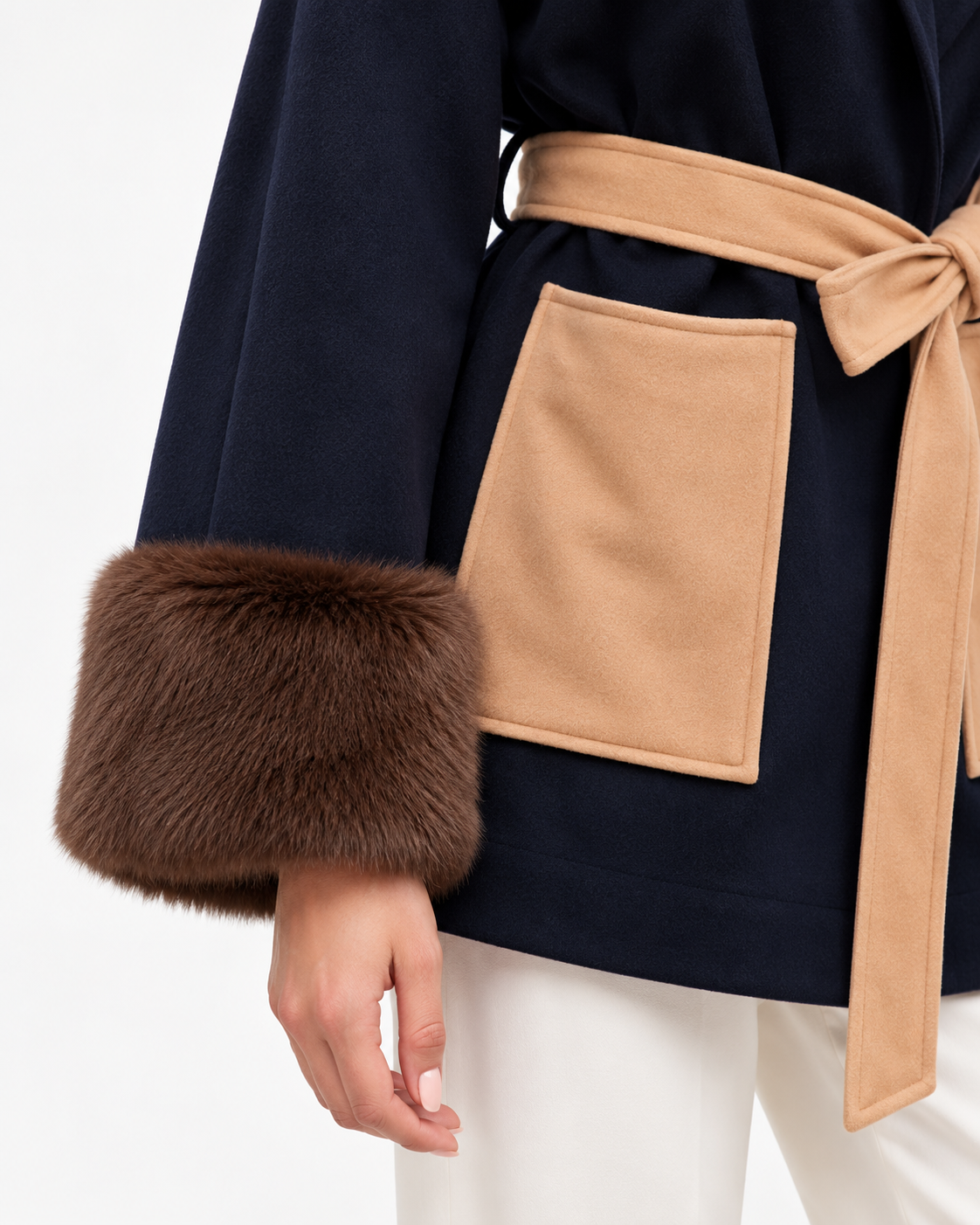 The Waldorf Navy Wrap Jacket | Faux Fur Cuff Coat