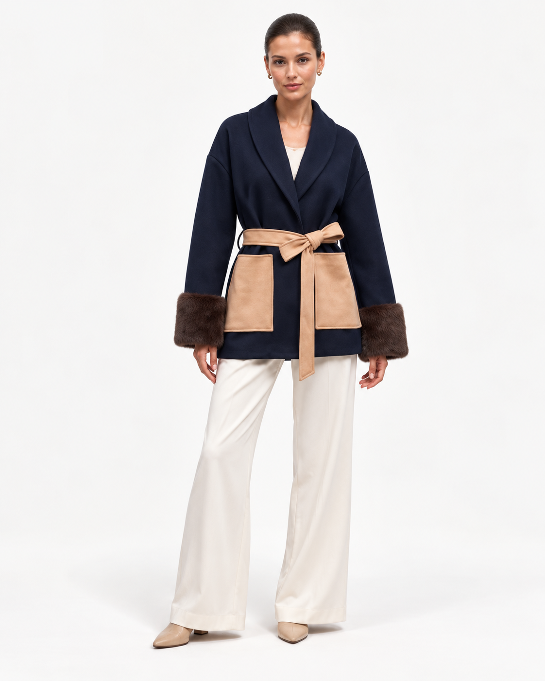 The Waldorf Navy Wrap Jacket | Faux Fur Cuff Coat