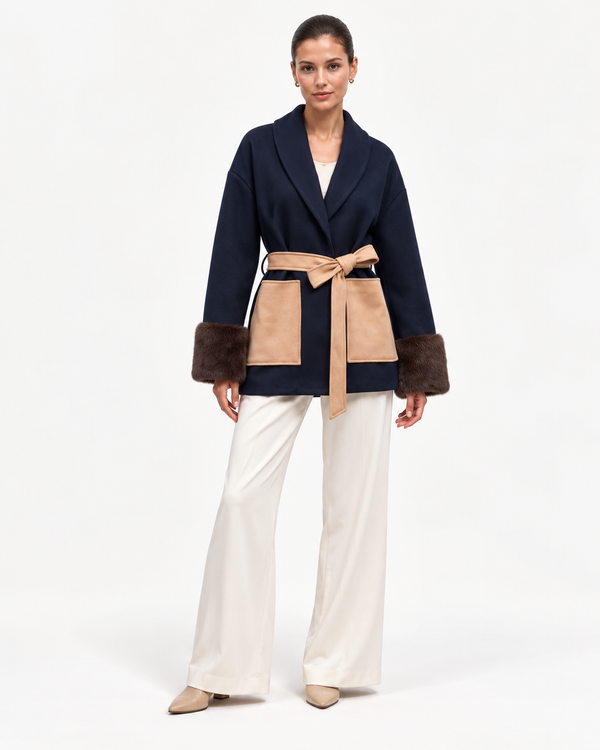 The Waldorf Navy Wrap Jacket | Faux Fur Cuff Coat