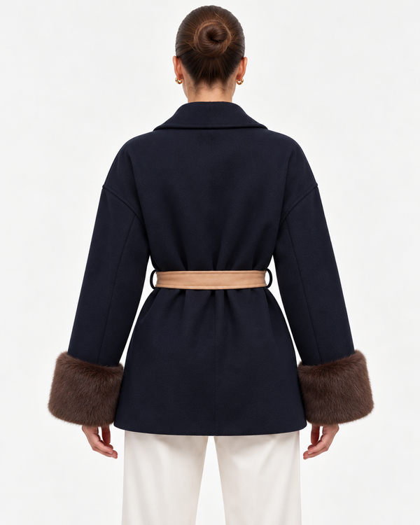 The Waldorf Navy Wrap Jacket | Faux Fur Cuff Coat